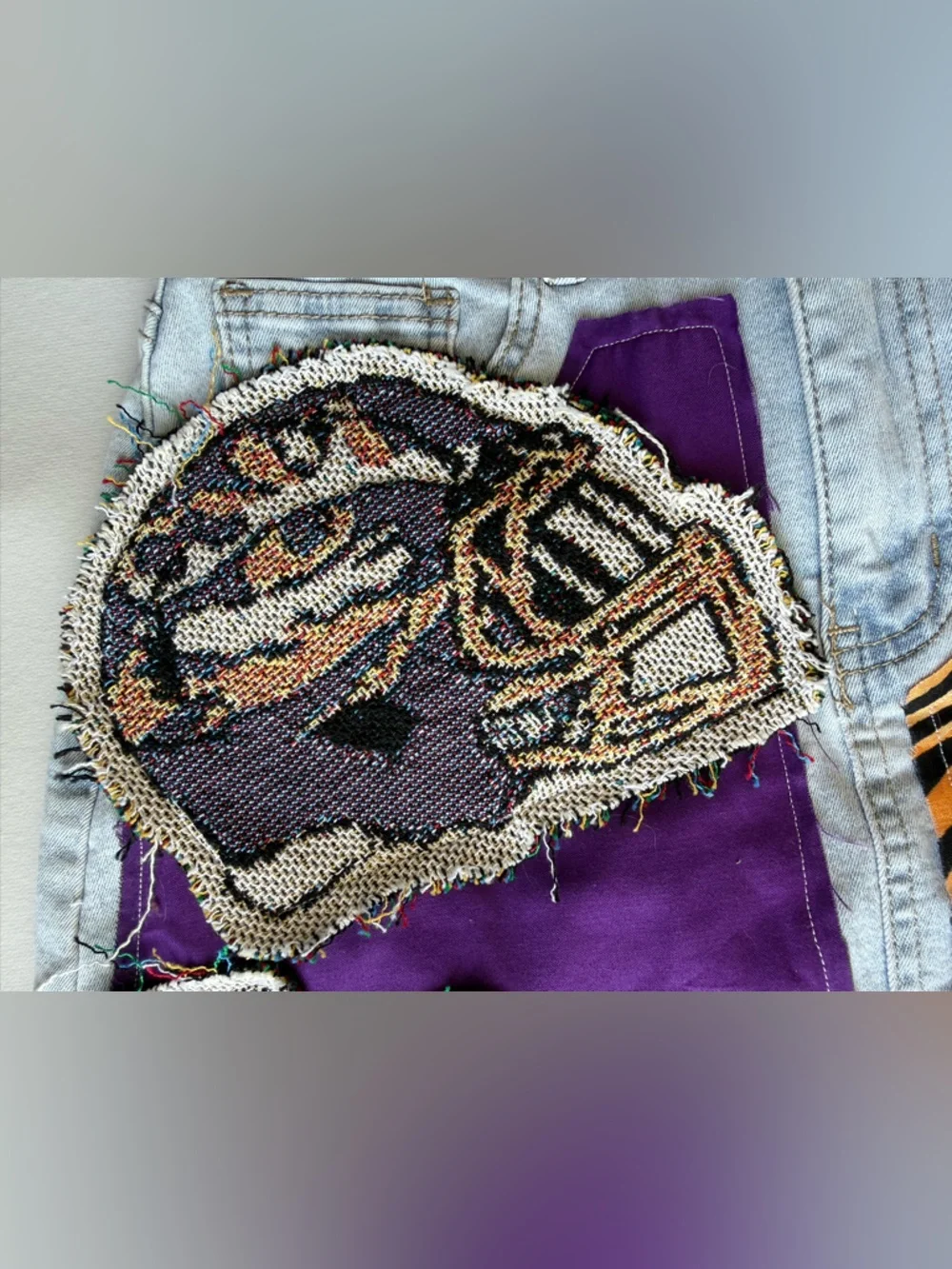 Handmade LSU Tigers Patchwork Game-day Denim Mini Skirt School Spirit Size 26 - Picture 4 of 6